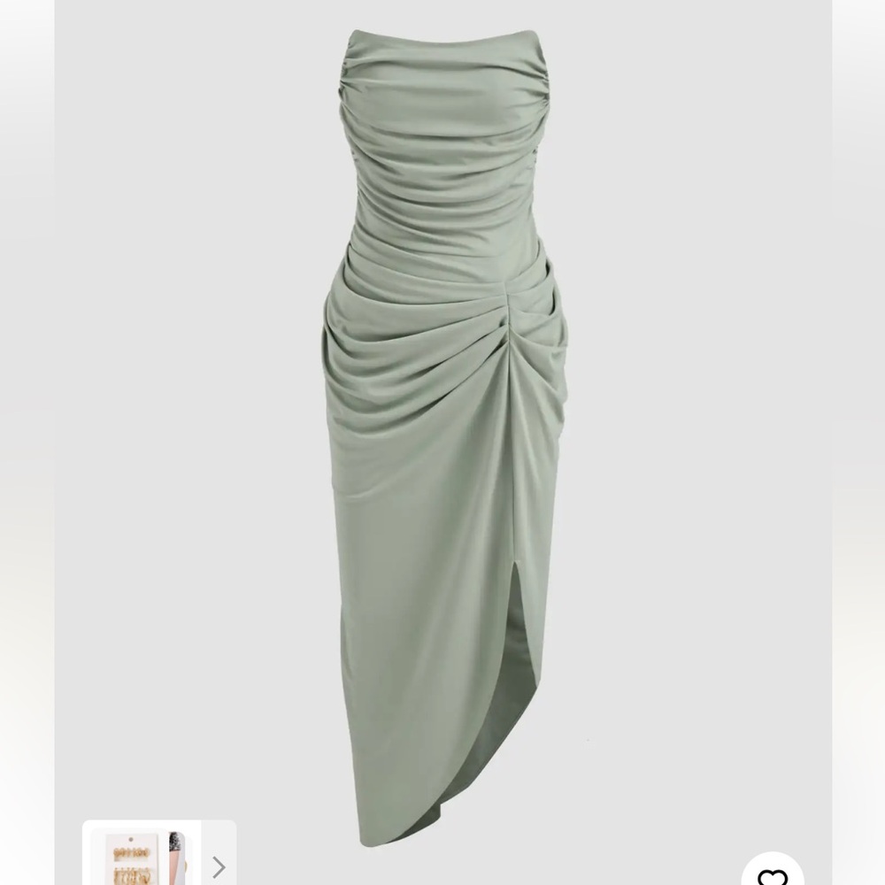 Cider Sage Green Asymmetrical Draped Strapless Midi Dress